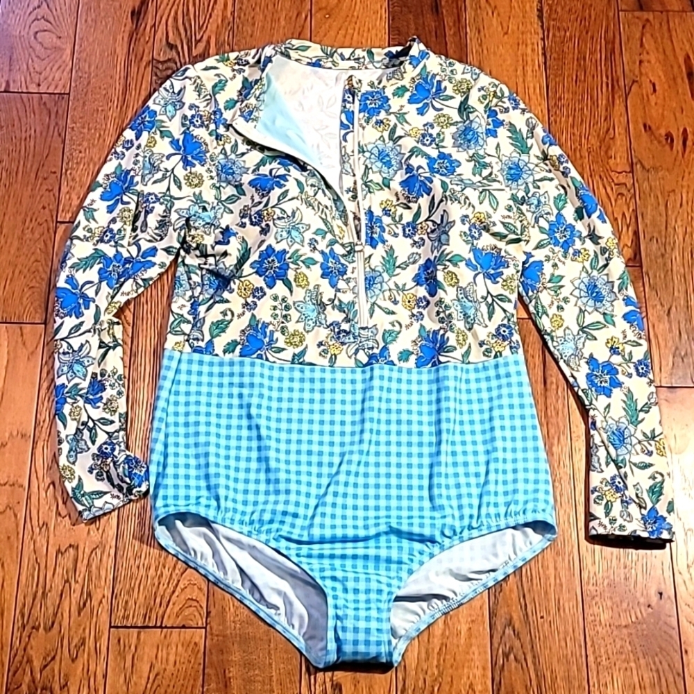 Lands End - NWOT - Floral & Gingham One Piece Swimsuit Rash Guard - 20W